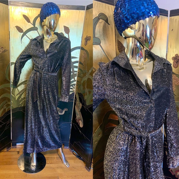 Vintage 70s Silver black metallic disco Lurex Dres