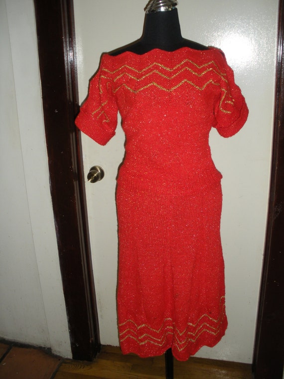 Vintage Sweater set Knit red gold lurex cut out s… - image 6