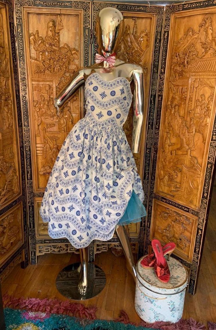 Vintage 1950s Cotton Strapless Dress by Henry Rosenfeld Fit and Flare ...