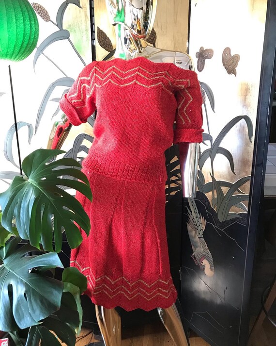 Vintage Sweater set Knit red gold lurex cut out s… - image 2