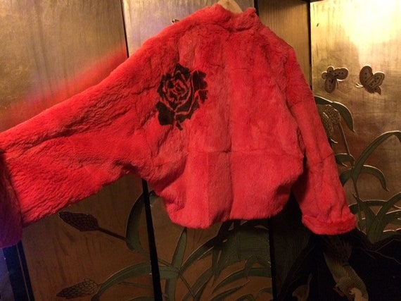 Vintage Rabbit Fur Coat With Black stencil Roses … - image 4