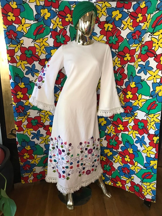 Vintage 60s Embroidered Dress with embroidered Bell Sleeves View 2