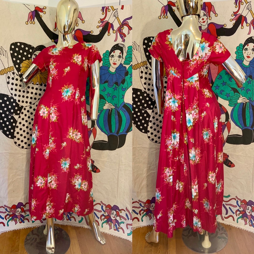 vintage 60s Hawaiian Dress / Ui-Maikai Hawaii / Tiki Party dress / barkcloth Cotton Dress  / orange and green dress