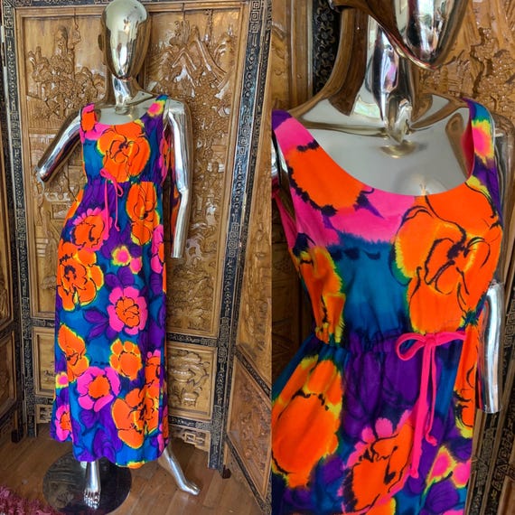 Vintage Dayglo Hawaiian Dress By Sears Hawaiian Fashions