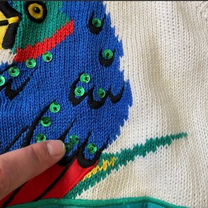 Op de afbeelding: Een witte gebreide trui met een kleurrijk papegaai-ontwerp. De papegaai heeft groene, blauwe, rode en gele veren. De ogen van de papegaai zijn zwart met groene pailletten. De trui heeft een groene en gele rand.