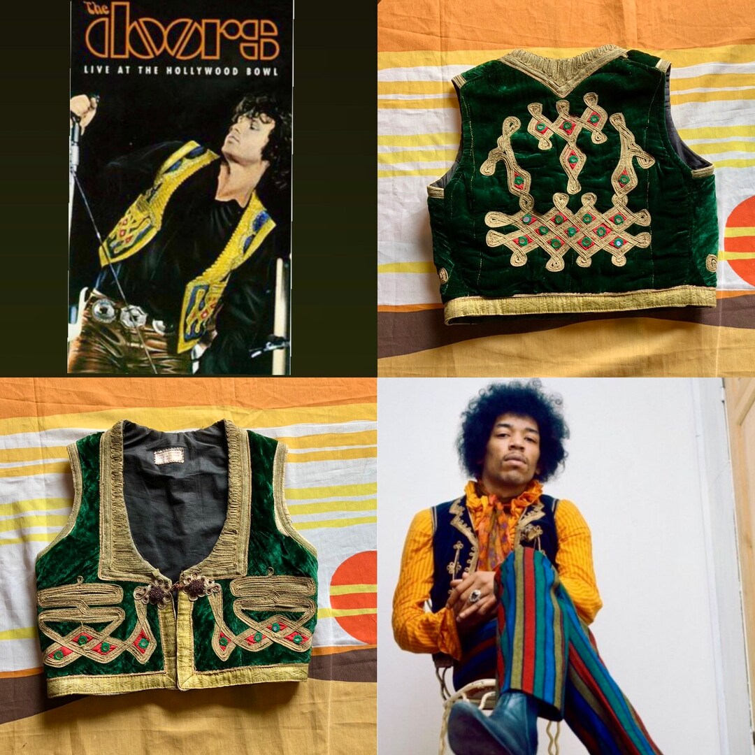 Vintage Velvet Vest Made Emerald Green and Gold Thread