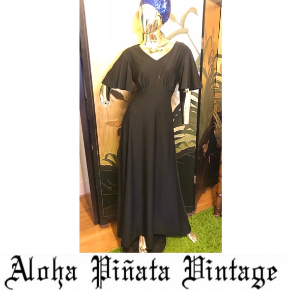 Vintage 70s Flutter Sleeve Maxi Dress