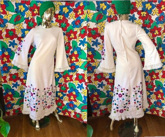 Vintage 60s Embroidered Dress with embroidered Bell Sleeves