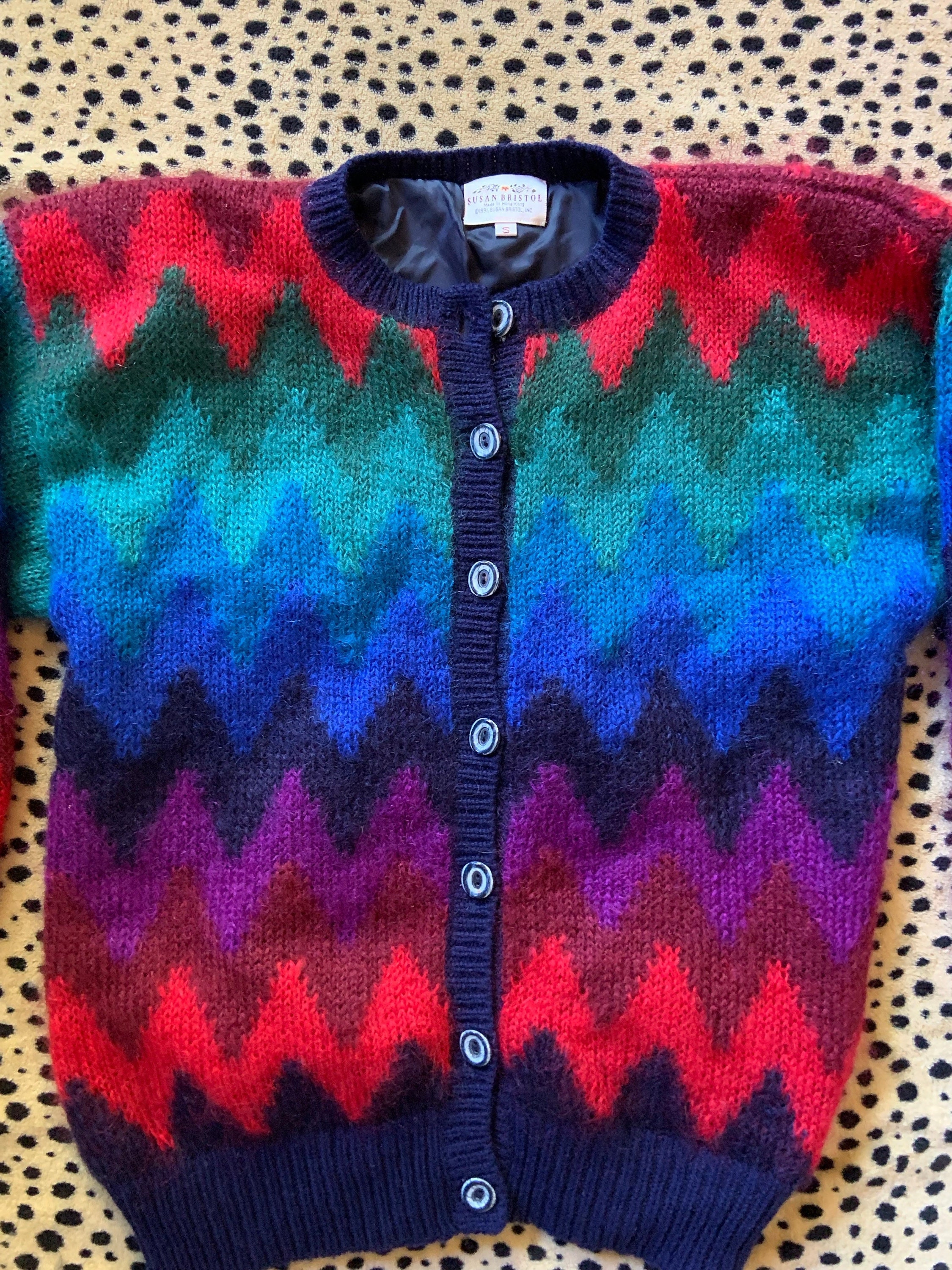 Vintage Rainbow Cardigan Sweater Mohair Wool Chevron Striped Vintage Rainbow Cardigan Sweater Mohair Wool Chevron Striped