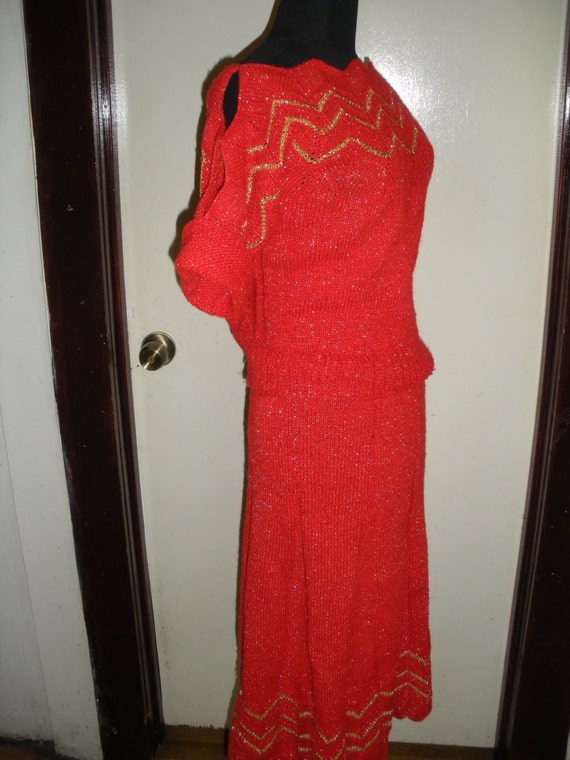 Vintage Sweater set Knit red gold lurex cut out s… - image 8