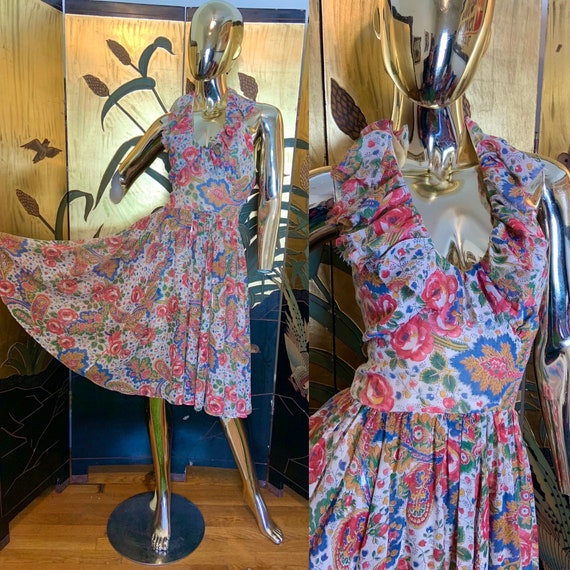 Vintage 70s Floral Cotton Gauze Halter Dress With Ruffle 