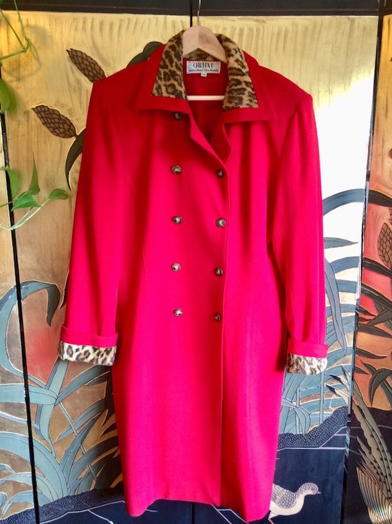 Vintage Red Wool Double Breasted Coat With Leopard