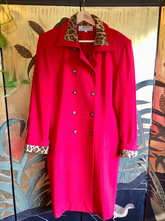 Vintage Red Wool Double Breasted Coat With Leopar… - image 1