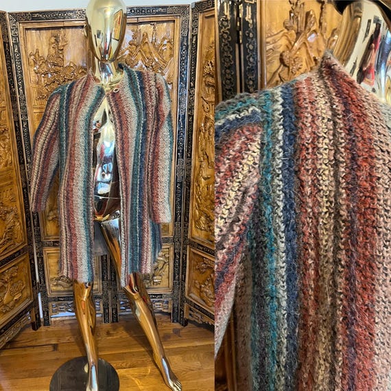 Vintage 70s rainbow Striped Fuzzy Boucle Cardigan Sweater Coat