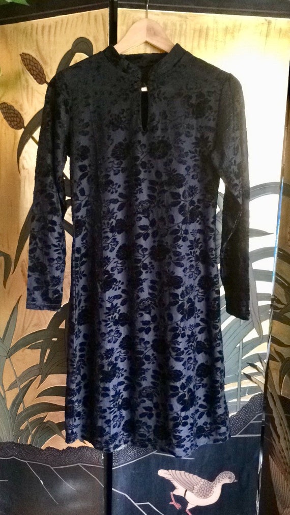 Vintage Stretch Velvet Burnout Rosebud Print Dres… - image 3