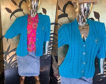 Vintage Hand knit shirt sleeve turquoise cardigan sweater
