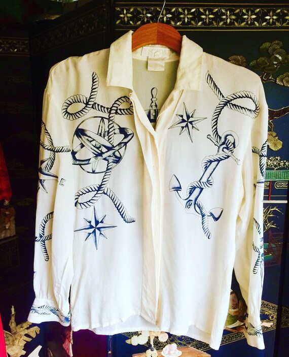 Vintage Escada Sailor Nautical print Silk Blouse
