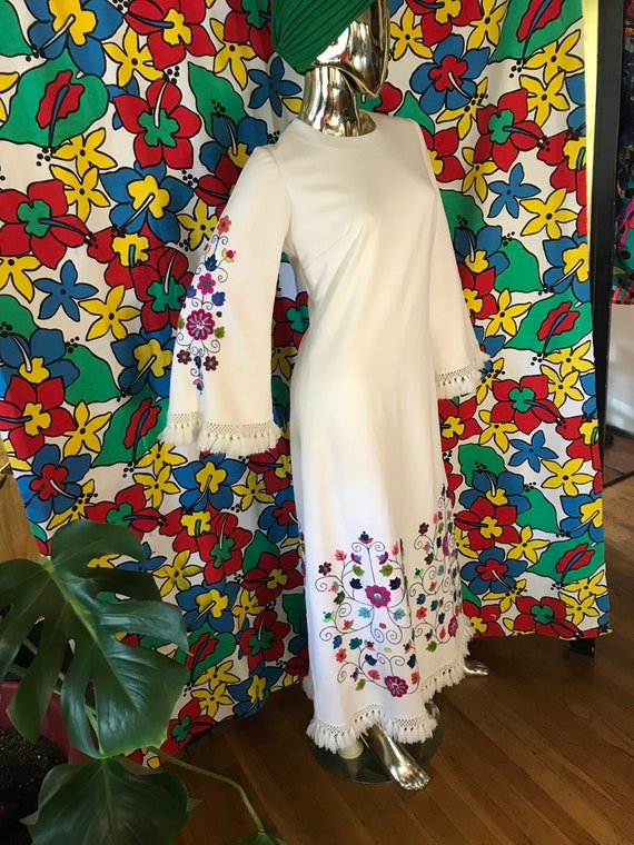 Vintage 60s Embroidered Dress with embroidered Bell Sleeves View 5
