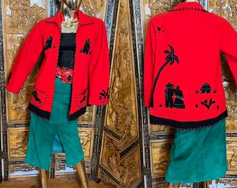 Vtg 50s Mexican Embroidered Wool Souvenir Jacket Tourist Folk Art