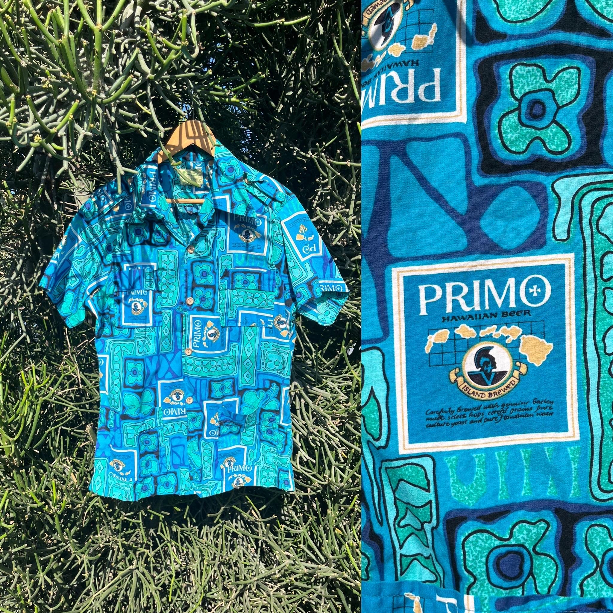トップス 70s Ui-Maikai Primo Beer Hawaiian shirt Vintage Hawaiian Primo Beer Blue Cotton Aloha Shirt by Ui