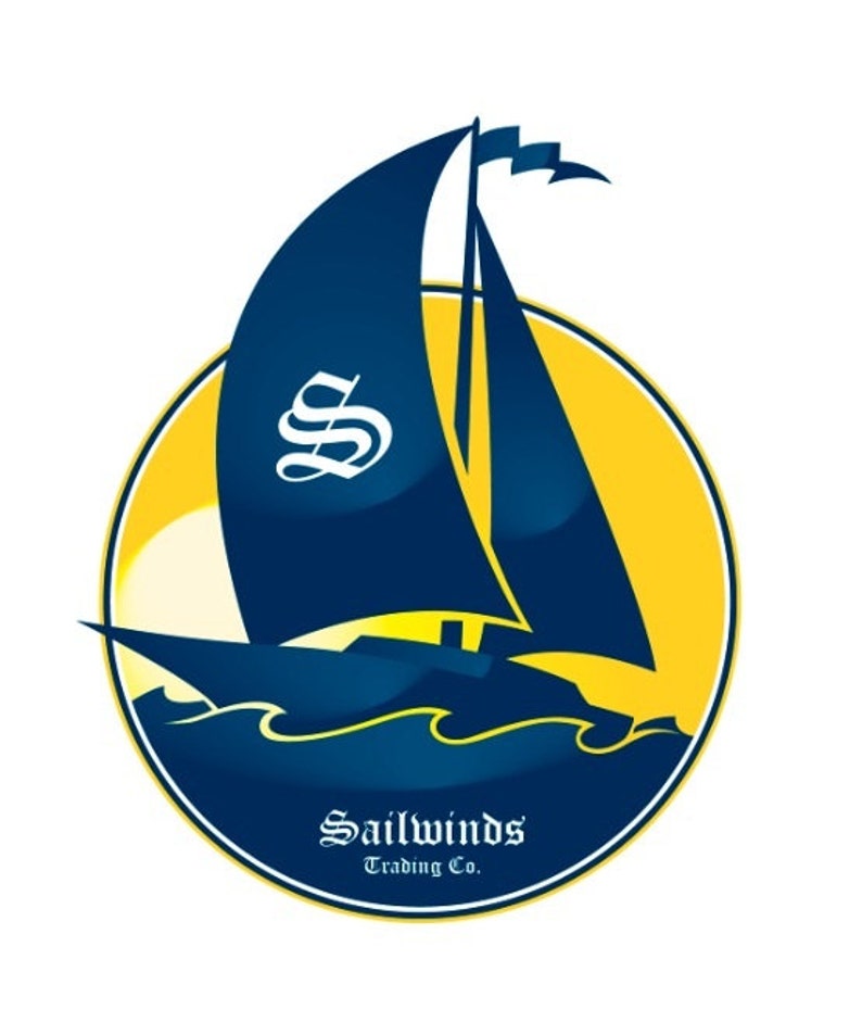 May include: A navy blue sailboat with a white 'S' on its sail, set against a yellow and blue circular background. The words "Sailwinds Trading Co." are written below the boat in a decorative font.