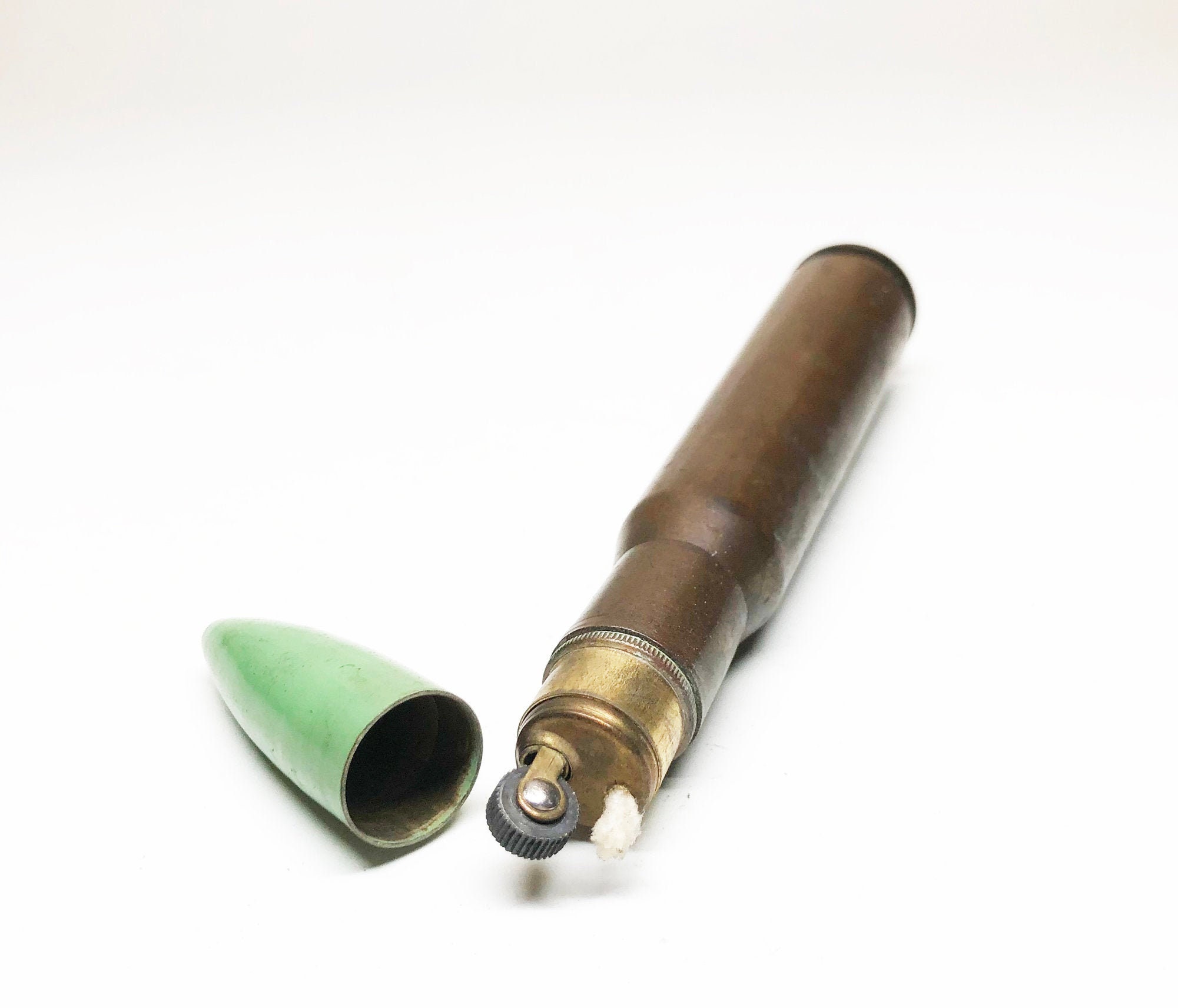 Bullet Trench Lighter Vintage Trench Art 1940s 50 Caliber Red Enamel and Brass Figural Lighter