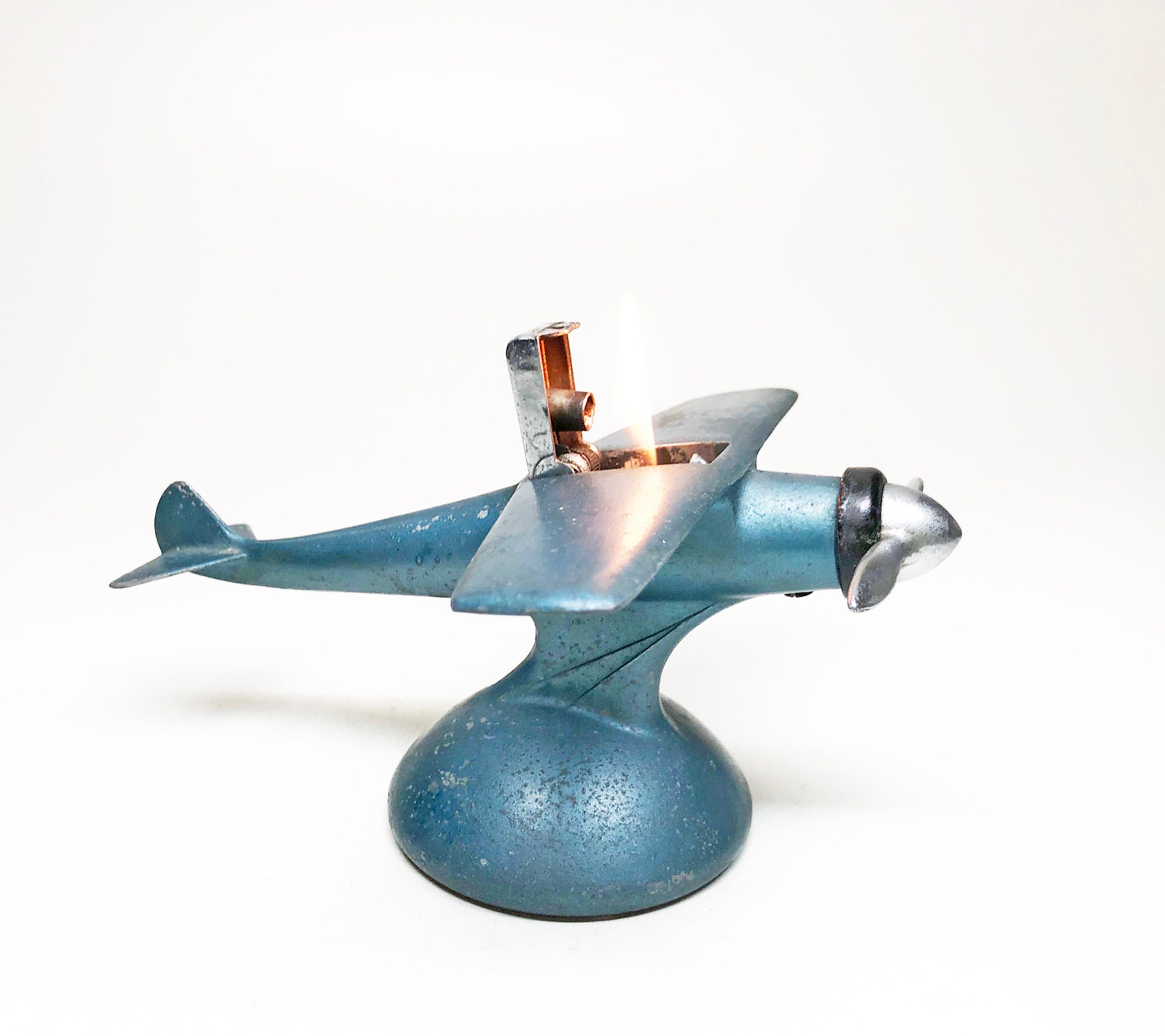 1930s AIRPLANE LIGHTER and ASHTRAY set Working Rare Blue Figural