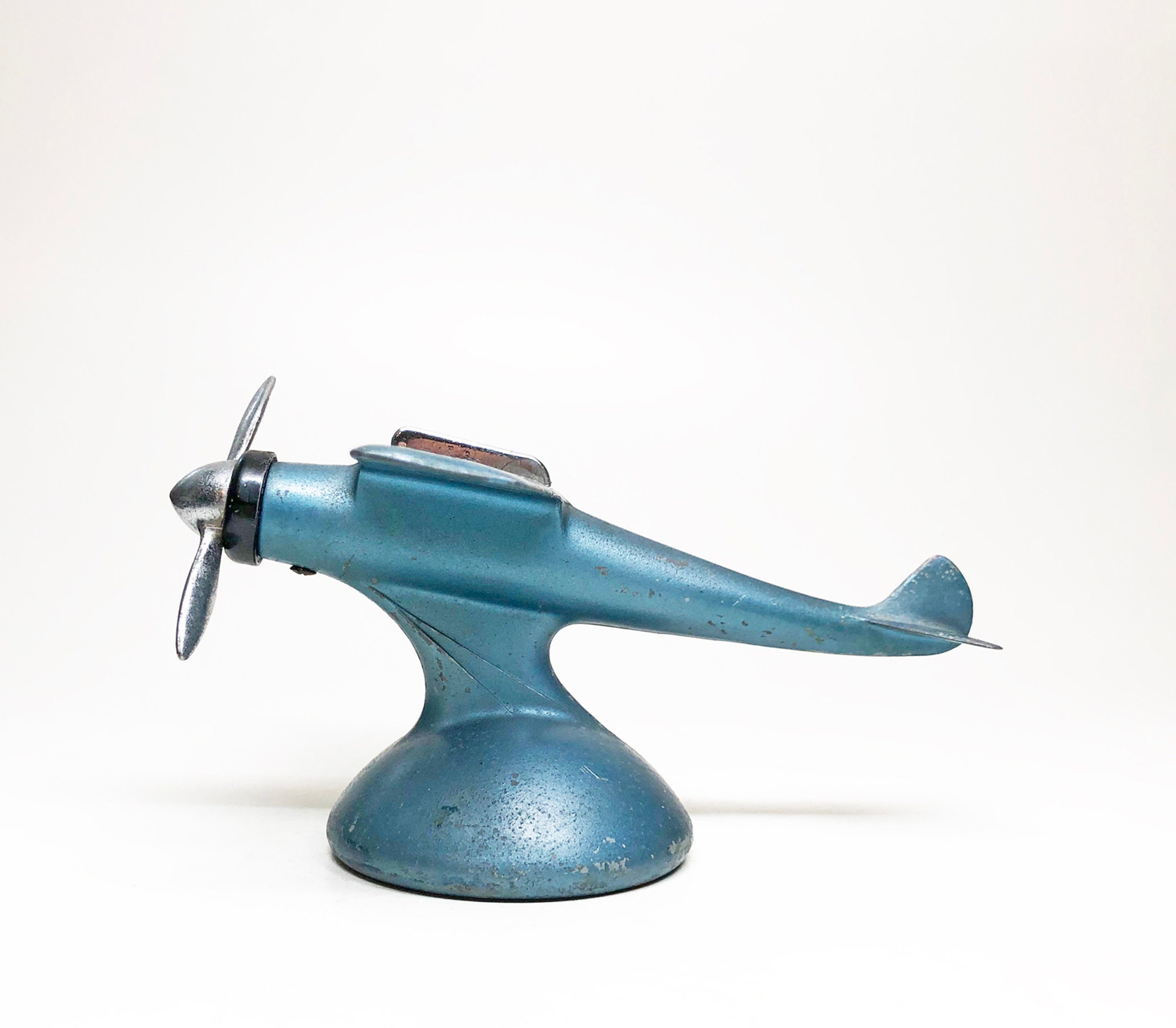 1930s AIRPLANE LIGHTER and ASHTRAY set Working Rare Blue Figural Demley Plane Shaped Table