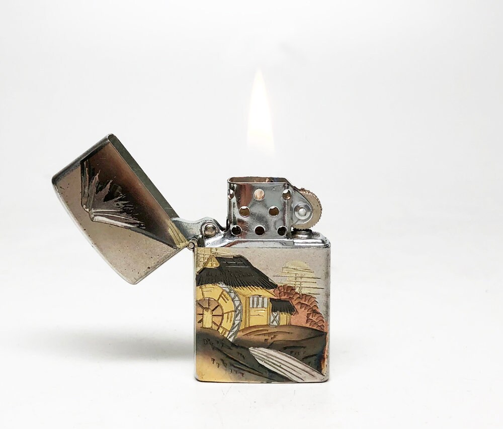 1950s His and Her Japanese Lighter Set Working Old Etched Flip Top 1950s Japan Memory Lighter