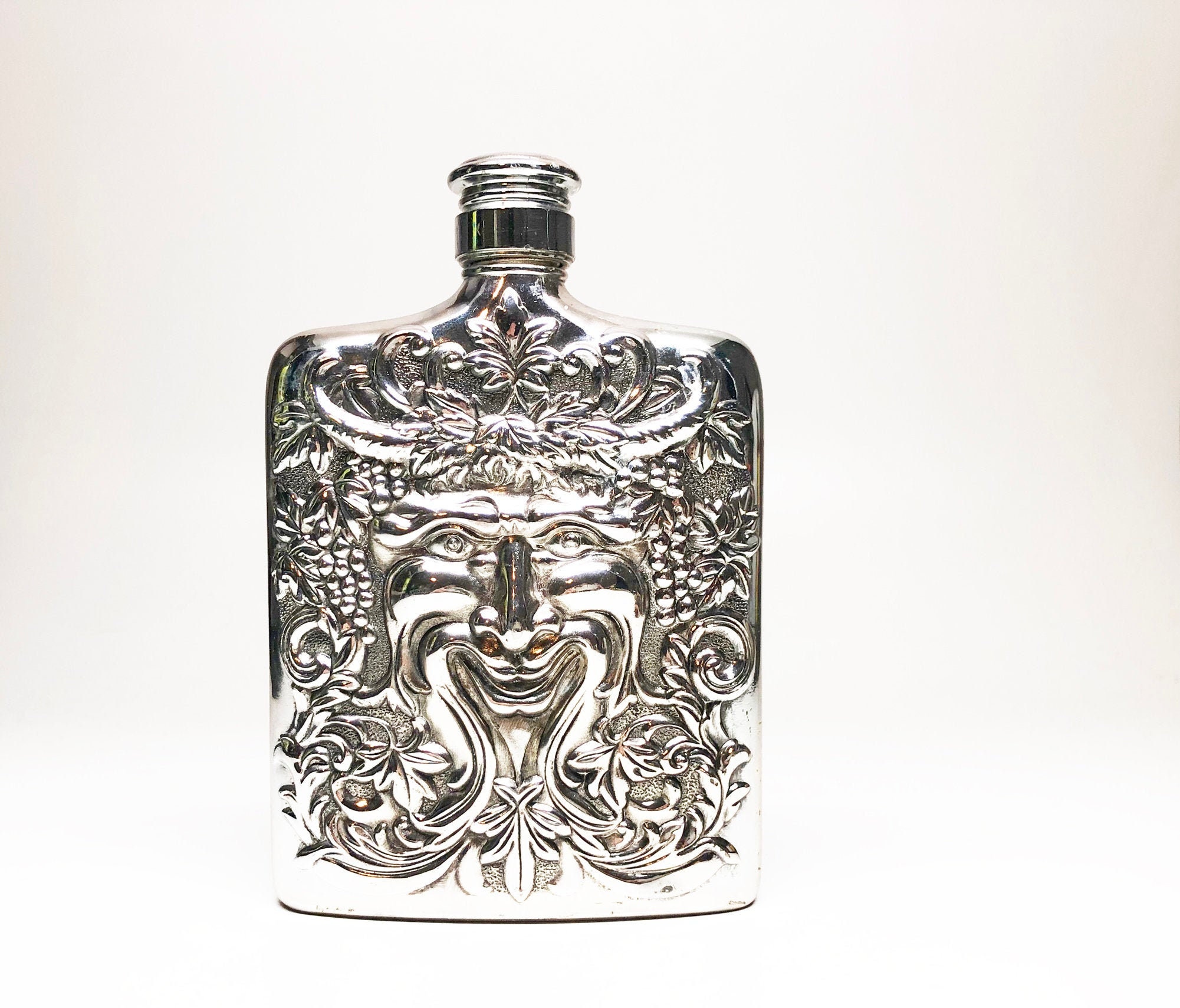 GOD of WINE FLASK Silver Plated Bacchus Face Repousse Godinger Hip