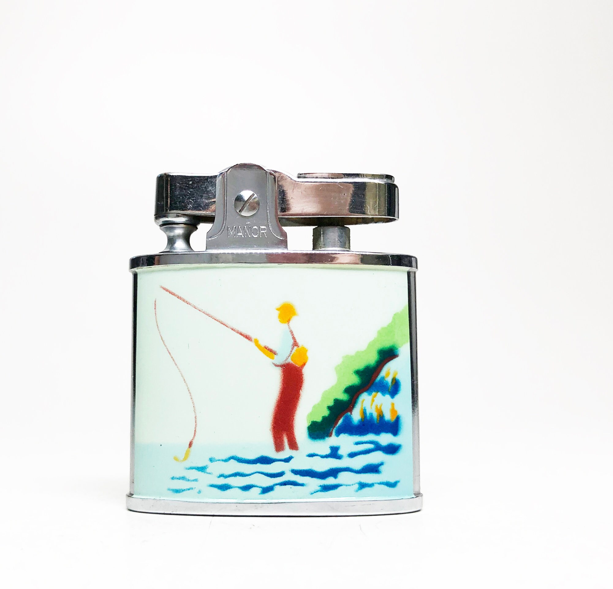 VINTAGE FISHING LIGHTER Working 1950s Old Antique Manor Enamel