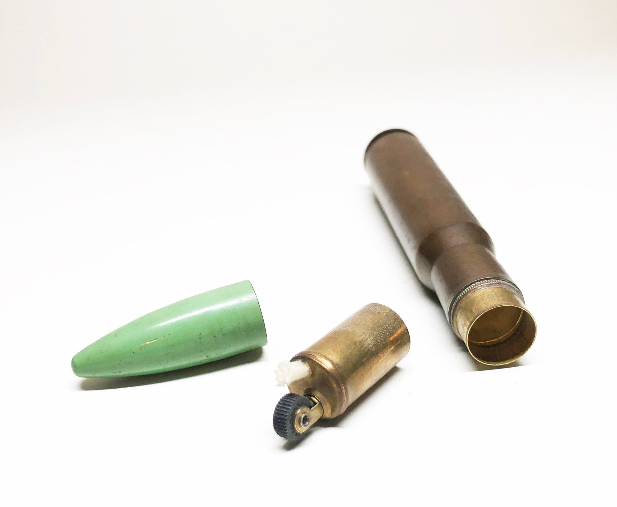 Bullet Trench Lighter Vintage Trench Art 1940s 50 Caliber Red Enamel and Brass Figural Lighter