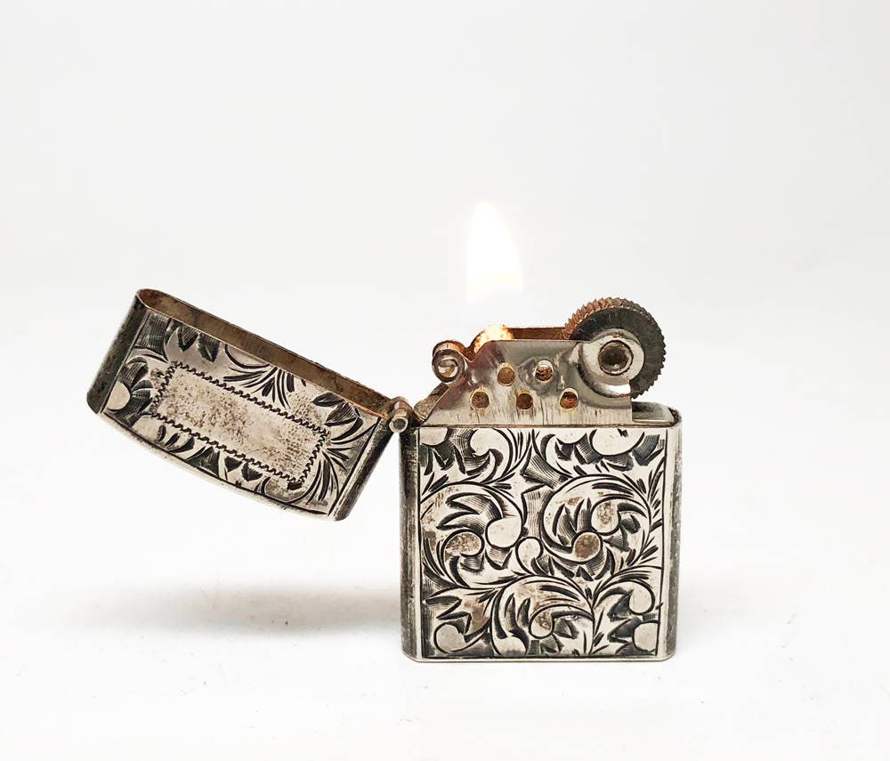 STERLING SILVER LIGHTER Hand Engraved Sterling Silver Antique Slim