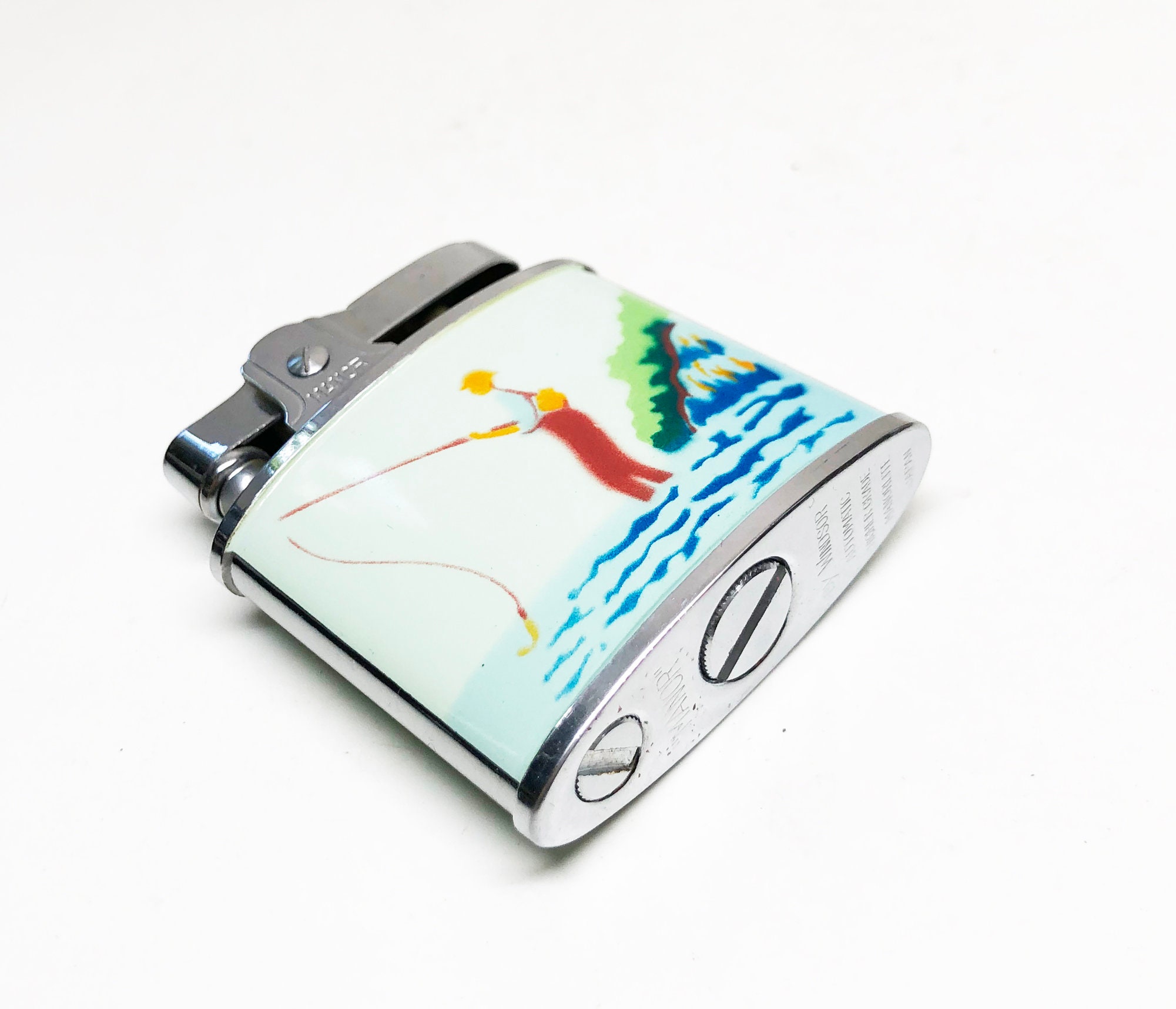 VINTAGE FISHING LIGHTER Working 1950s Old Antique Manor Enamel