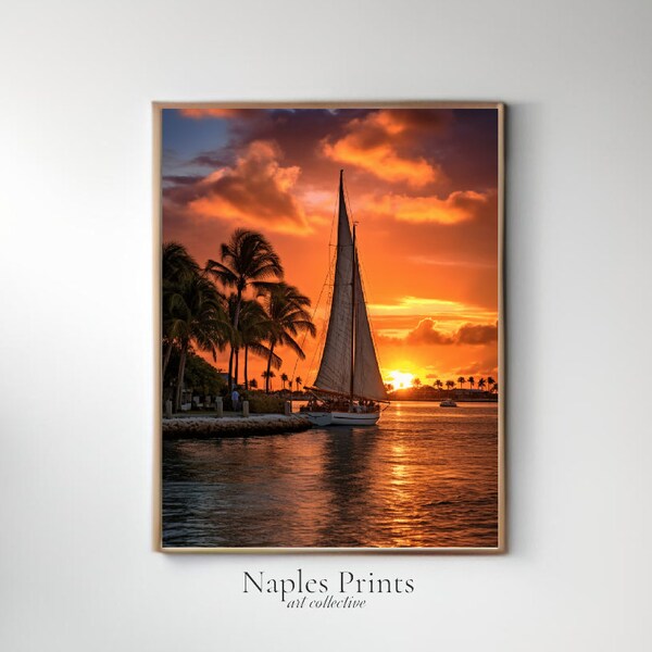 Sunset on Key West-Digital Download, Instant Print, gorgeous colors, sailboat, Florida sunset. many sizes, vertical print, night sky