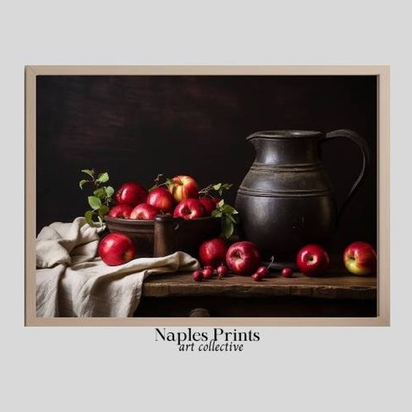 Rustic Fruit, Apple Still Life, Still Life, Rustic Country Kitchen, Printable, Vintage Painting,   Moody Apples Wall Art, Digital Download