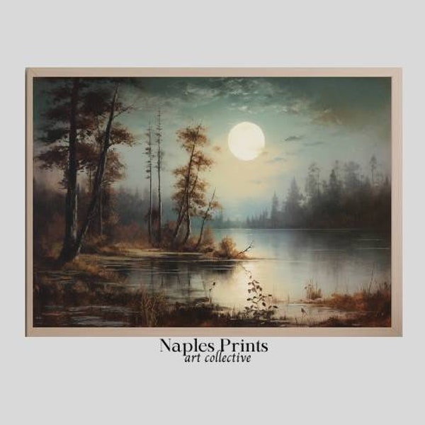 Dark Moody Lake Print, Moonlight reflections, Night Forest, Autumn Lake Landscape,  Vintage Painting, Rustic, art print, Digital Download