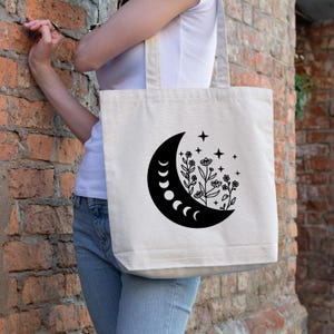 Floral Moon Canvas Tote Bag