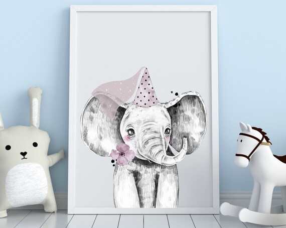 Baby Elephant Printable Wall Art Safari Jungle Animal Nursery Print Princess Girls Blush Pink Grey Decor Nursery Elephant Bedroom Decor