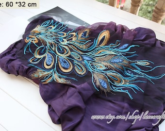 Blue  Red Lace Peacock Applique Colorful Embroidery Sequin Appliques Lace Trim for Dress Costume Design Black background
