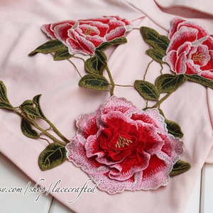 Red Peony Large Vintage Flower Lace 3D Appliques Embroidery  Venise Lace Patch for Costume Design