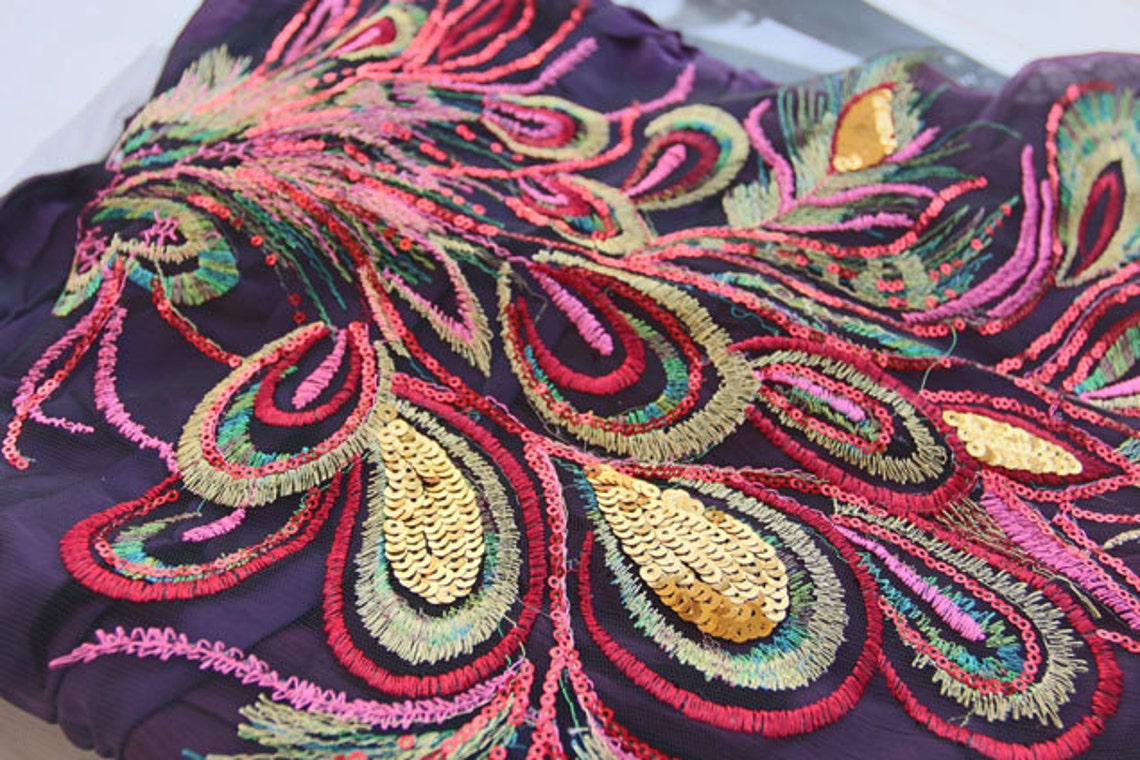 Blue Red Lace Peacock Applique Colorful Embroidery Sequin Etsy UK