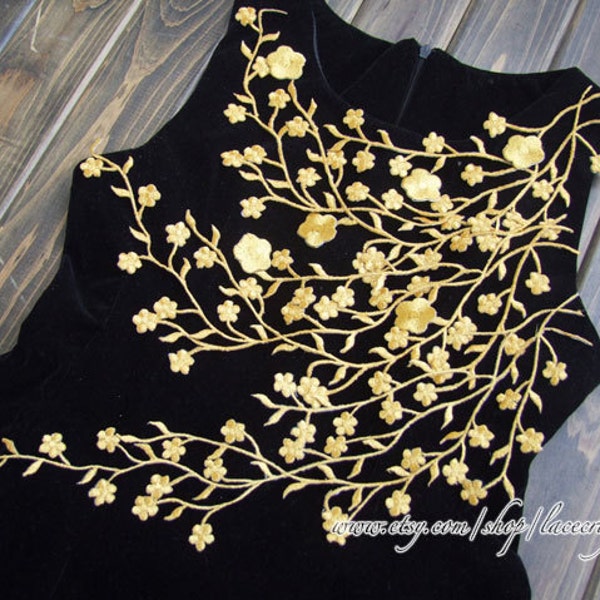 Gold Silvery Leaf Vines Applique Embroidery Patch Trim Plum Blossom Flower Applique- Iron on Applique