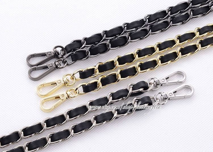 Classic NICKEL Chain Bag Strap With Leather Weaved Through Choice of Length  & Hooks Additional Leather Colors Available 