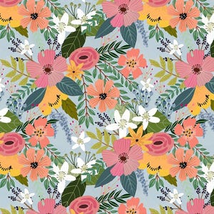 Peut inclure: Motif floral avec des fleurs roses, oranges, jaunes et blanches sur fond bleu clair. Le design comprend des feuilles détaillées et de petites baies, créant un thème botanique vibrant. Idéal pour divers projets.
