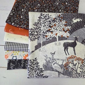 Könnte beinhalten: Ein Stapel gefalteter Stoffquadrate mit verschiedenen Mustern, darunter eine Waldszene mit einem Hirsch, einem Hasen und einem Reiher, ein schwarz-weißes Vichy-Karo, ein Blumenmuster, ein dunkler Stoff mit weißem Text und ein unifarbenes rostorange.