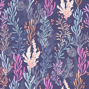 Könnte beinhalten: Ein nahtloses Muster mit stilisierter Unterwasserflora und Fischen auf dunkelviolettem Grund. Das Design zeigt Korallen, Seetang und Wasserpflanzen in Rosa-, Hellblau- und Orangetönen, durchsetzt mit kleinen, kreisförmigen Blasen.