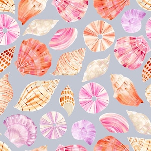 Könnte beinhalten: Ein sich wiederholendes Muster aus Aquarell-Muscheln und Seeigeln in Rosa-, Korallen-, Pfirsich- und Cremetönen vor einem einfarbigen hellgrauen Hintergrund. Die Illustration zeigt verschiedene Muschelformen wie Spiralen, Fächer und runde Formen.