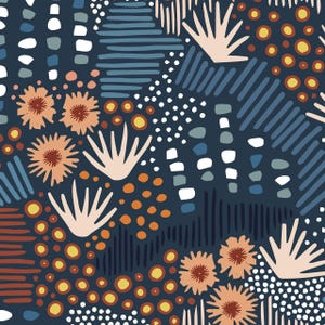 Könnte beinhalten: Ein dunkelblaues Stoffmuster mit einem sich wiederholenden Design aus pfirsichfarbenen stilisierten Blumen, hellrosa fächerförmigen Blättern, Clustern aus gelben und orangefarbenen kreisförmigen Punkten sowie verschiedenen Anordnungen weißer, blauer und dunkelblauer Linien.