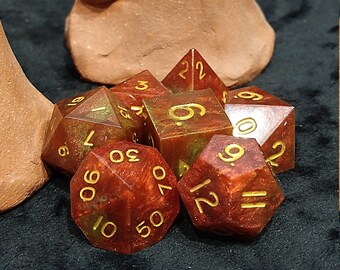 Handmade Candied Apple Dice / 7-piece RPG Tabletop set / Dungeon and Dragons Polyhedral Resin Dice